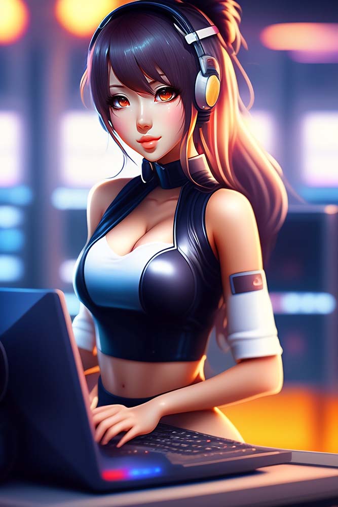 Anime girl working on computer