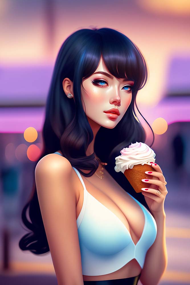 Black haired anime girl with ice cream