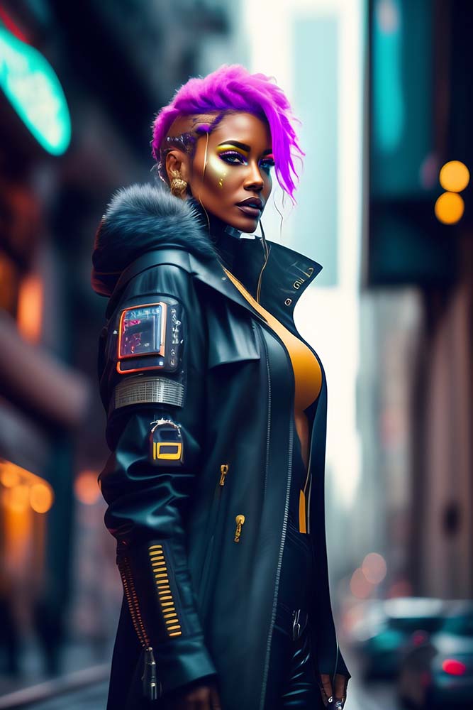 Cyberpunk patrol girl on street