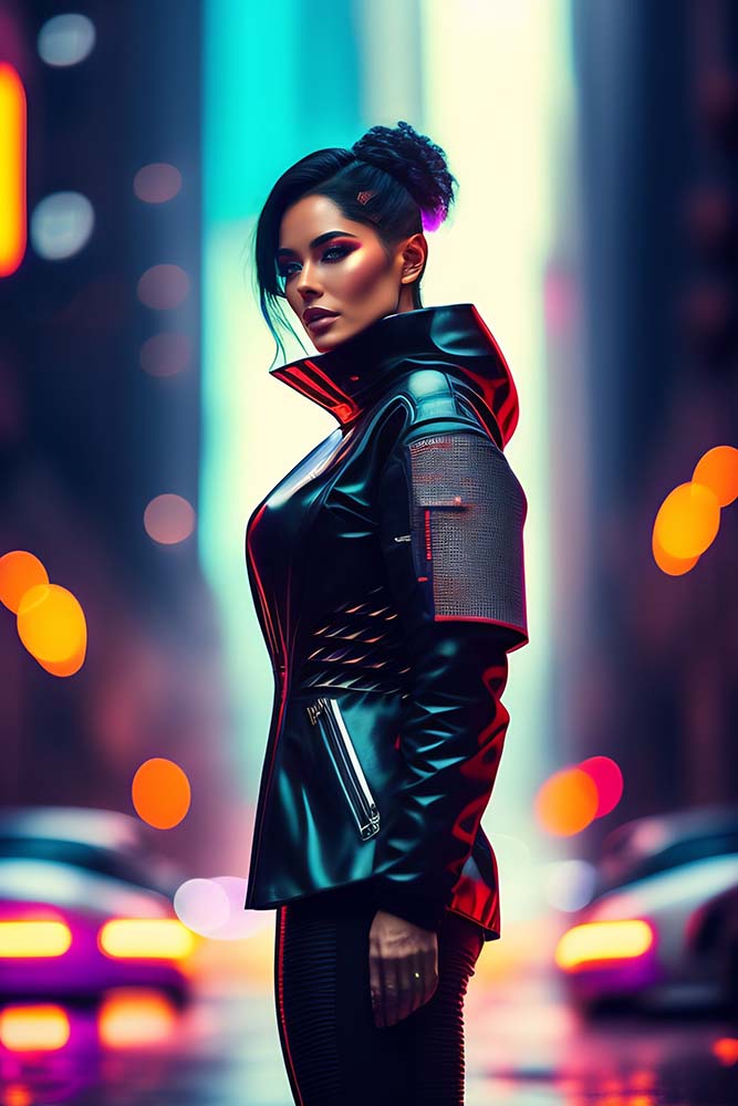 Cyberpunk woman in leather jacket