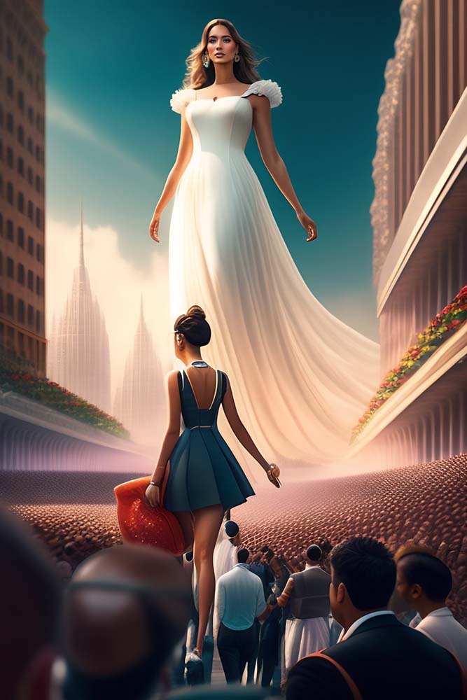 White dressed giantess looking down to people