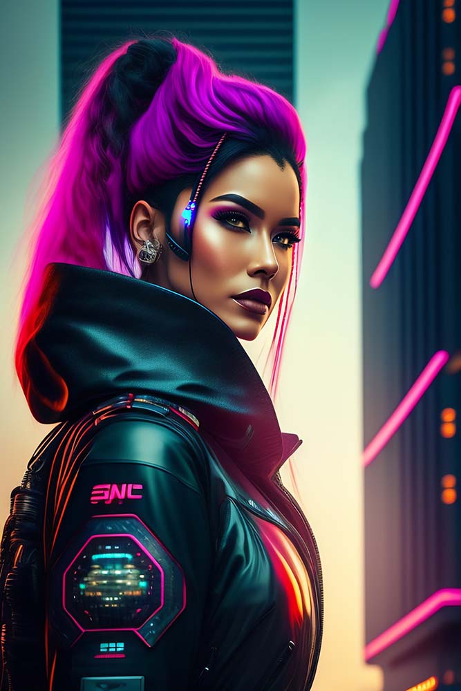 Young cyberpunk lady with pink hair