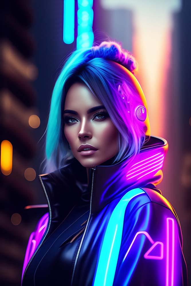 Young girl in cyberpunk city