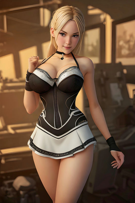 Busty blonde in tiny dress posing in factory