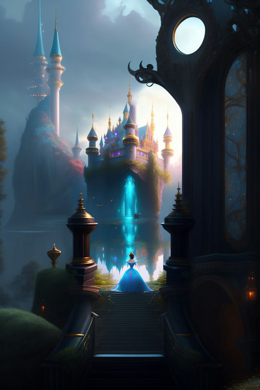 Princess looking to castle in fantasy landscape